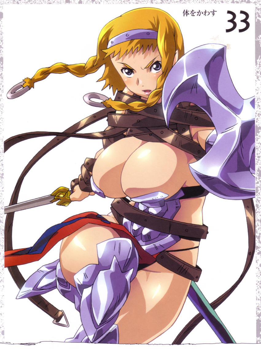 1girl absurdres armor artbook blonde_hair blush boots braid buckle curvy exiled_warrior_leina female_focus hairband highres hisayuki_hirokazu jumping leina_(queen&#039;s_blade) looking_at_viewer official_art queen&#039;s_blade queen&#039;s_blade_lost_worlds revealing_clothes scan serious shield shiny_skin short_hair_with_long_locks side_braid solo spread_legs sweat sword thong twin_braids weapon