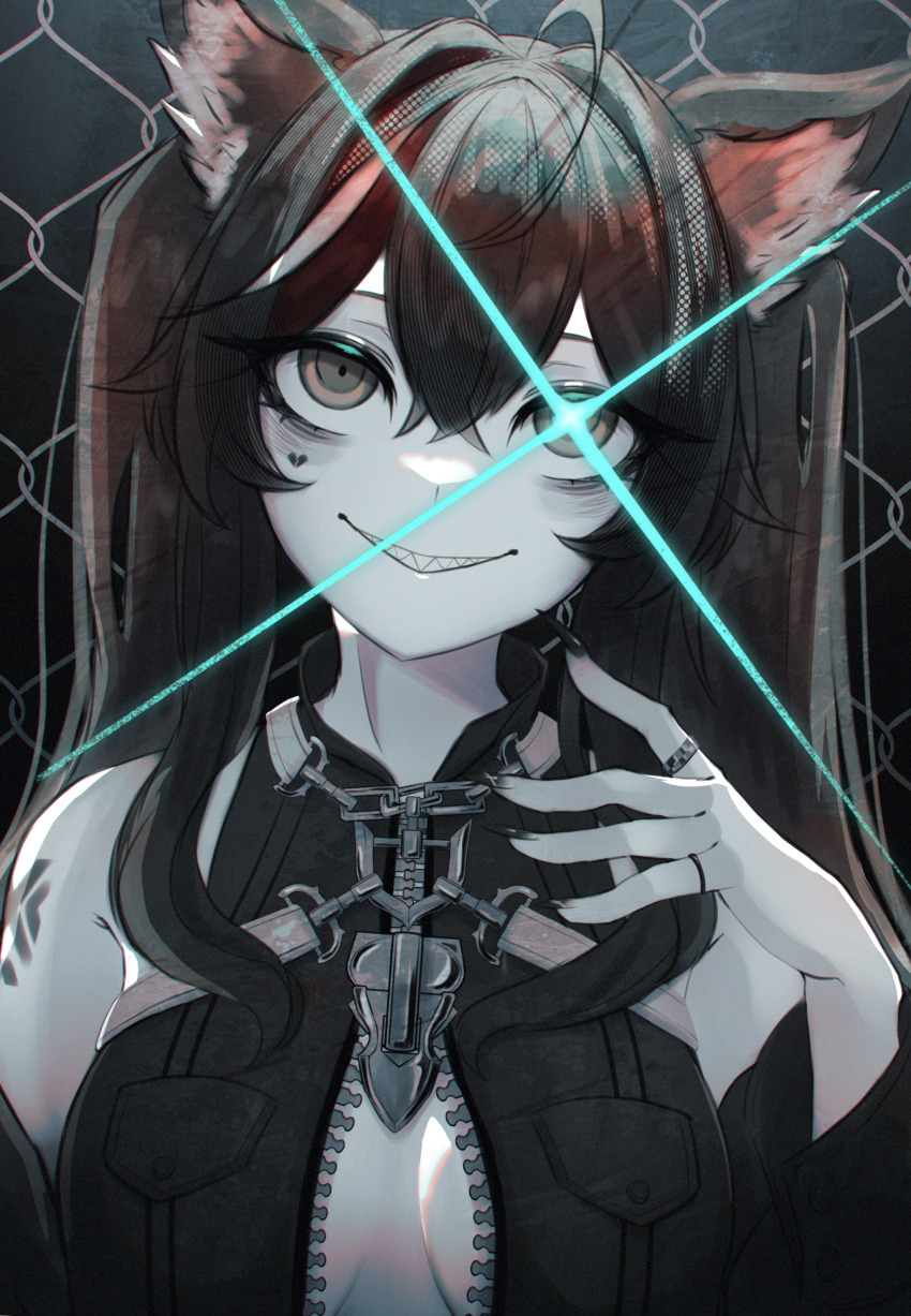 1girl absurdres animal_ears bare_shoulders black_nails brown_hair center_opening chain-link_fence commission crazy crazy_eyes facial_tattoo fence fingernails heart heart_tattoo highres jewelry long_eyelashes original partially_unzipped ring sharp_fingernails sharp_teeth shoulder_tattoo skeb_commission smile sutorobo72 tattoo teeth zipper