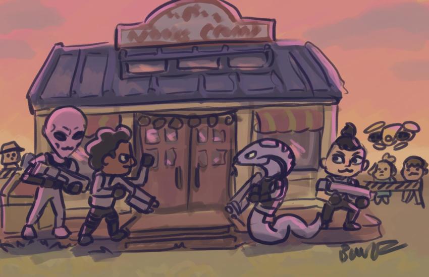1boy 1girl 2others :3 bfoxanimation brown_hair character_request commentary animal_crossing english_commentary gremlin_(xcom_2) gun highres holding holding_gun holding_weapon multiple_others nintendo parody style_parody torque_(xcom) verge_(x-com) weapon x-com xcom:_chimera_squad