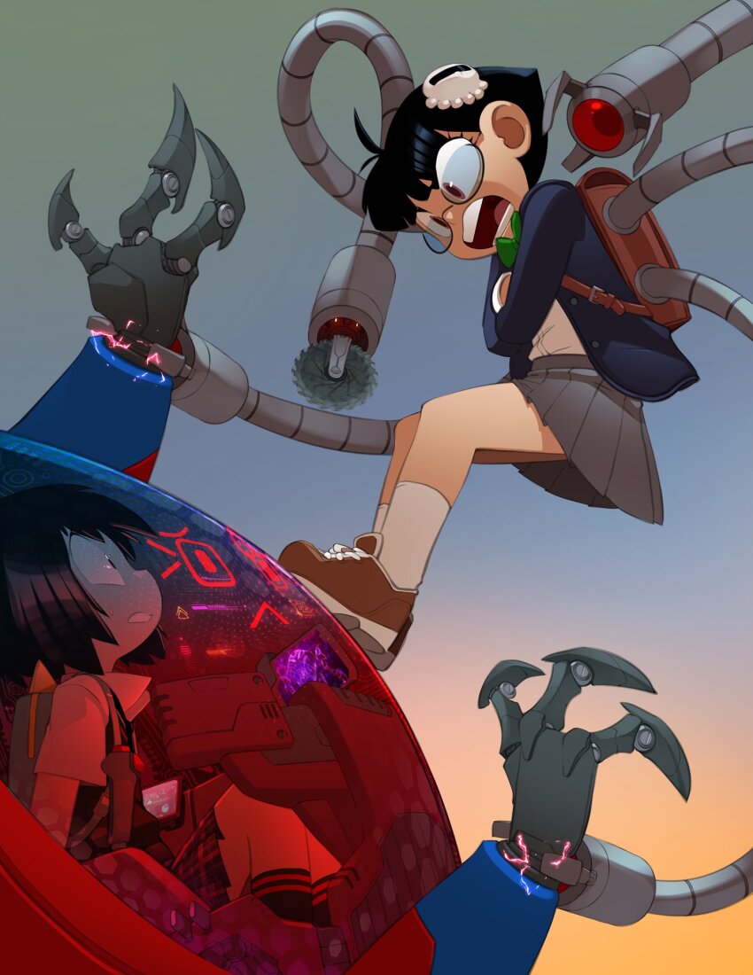 2girls :&lt; aged_down angry antenna_hair arms_behind_back backpack bag black_hair black_socks black_sweater_vest blazer bleedman blue_jacket blue_sky blunt_ends bob_cut bow bowtie brown_bag brown_eyes brown_footwear circular_saw clenched_teeth cockpit collared_shirt commentary constricted_pupils crossed_arms dress_shirt electricity english_commentary extra_arms eye_contact eyelashes glasses gradient_sky green_bow green_bowtie green_sky grey_skirt hands_up highres jacket long_sleeves looking_at_another looking_down looking_up marvel mecha mechanical_arms multiple_girls octopus_hair_ornament okutamiya_otoha on_mecha open_mouth orange_sky peni_parker piloting plaid_clothes plaid_skirt pleated_skirt randoseru robot round_eyewear saw school_uniform semi-rimless_eyewear shirt shoes short_hair shouting sitting skirt sky socks sparks spider-man:_into_the_spider-verse spider-man:_octopus_girl spider-man_(series) spider-verse standing surprised sweatdrop sweater_vest teeth under-rim_eyewear white_shirt wrestling