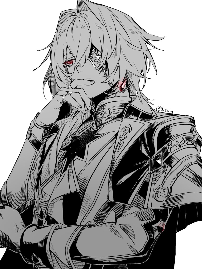 1boy absurdres anaxa_(honkai:_star_rail) black_jacket boioioq closed_mouth earrings eyepatch gem greyscale hand_up highres honkai:_star_rail honkai_(series) jacket jewelry lapels male_focus medium_hair monochrome notched_lapels one_eye_covered partially_colored red_eyes red_gemstone side_ponytail simple_background single_earring solo upper_body white_background