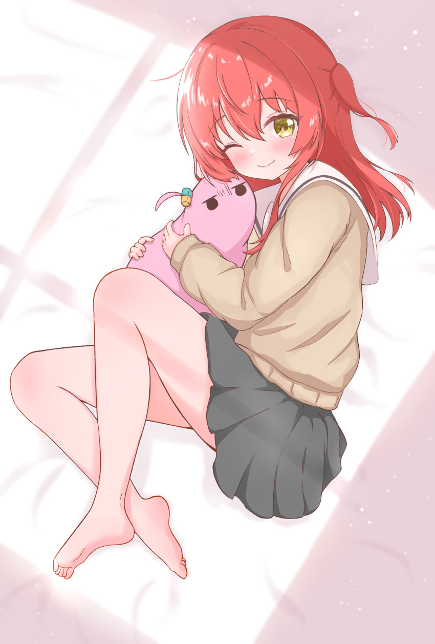 absurdres ahoge barefoot bed blush bocchi_the_rock! brown_sailor_collar brown_shirt cube_hair_ornament feet gotoh_hitori gotoh_hitori_(tsuchinoko) hair_between_eyes hair_ornament happy highres kita_ikuyo looking_at_viewer lying matcha_november on_side one_eye_closed one_side_up pleated_skirt red_hair sailor_collar school_uniform shirt side_ahoge sidelocks skirt thighs toes window_shadow yellow_eyes