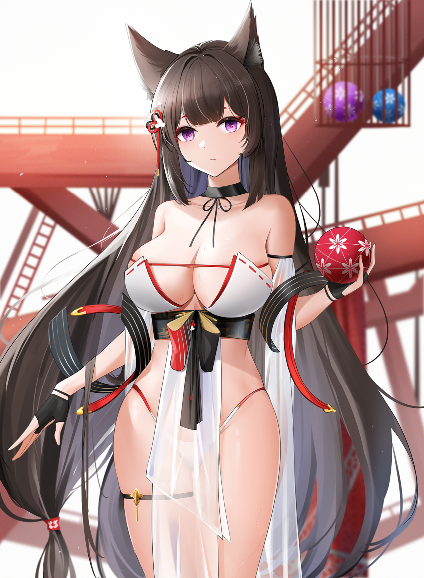 1girl amagi_(azur_lane) amagi_(wending_waters_serene_lotus)_(azur_lane) animal_ear_fluff animal_ears azur_lane bare_shoulders bikini black_choker black_gloves blurry blurry_background breasts brown_hair cage choker cleavage closed_mouth cowboy_shot fingerless_gloves gloves highleg highleg_bikini highres holding large_breasts long_hair looking_at_viewer multicolored_bikini official_alternate_costume pelvic_curtain purple_eyes qing_wu see-through_clothes sidelocks solo swimsuit thigh_strap thighs two-tone_bikini underwear very_long_hair white_bikini