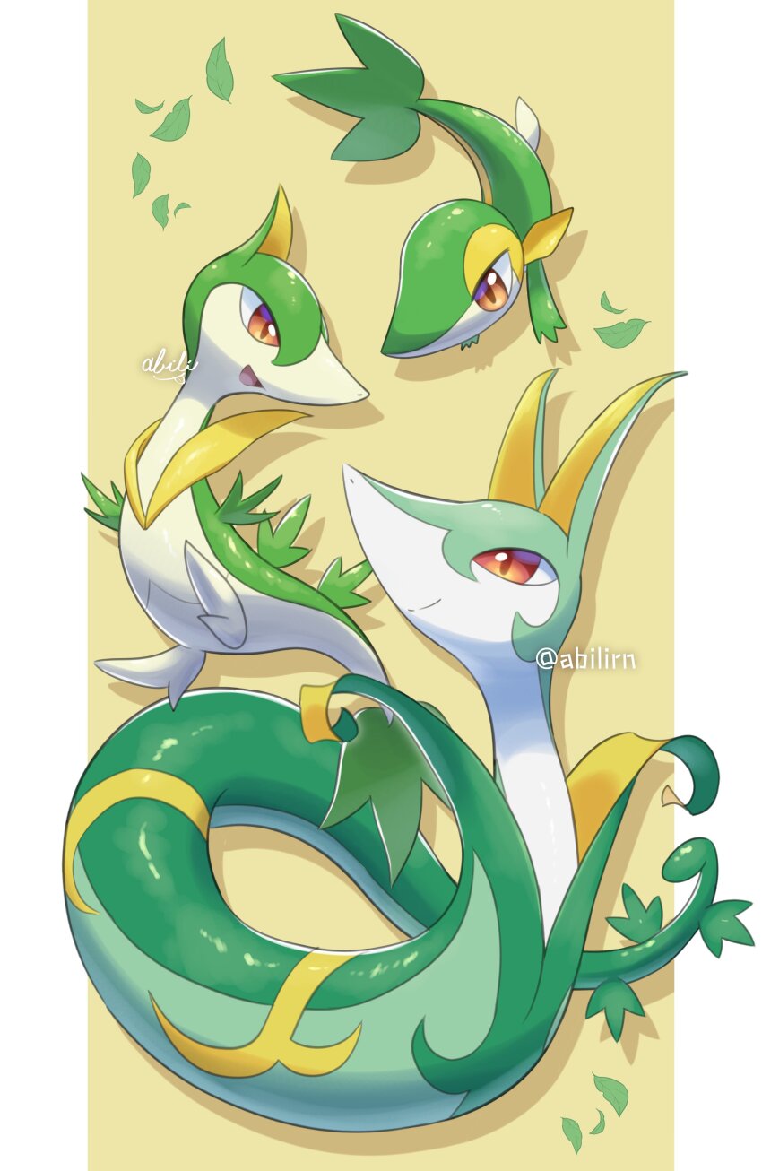 absurdres animal_focus closed_mouth commentary_request evolutionary_line full_body gen_5_pokemon highres leaf looking_down looking_up nintendo no_humans open_mouth pokemer pokemon pokemon_(creature) red_eyes serperior servine smile snivy twitter_username