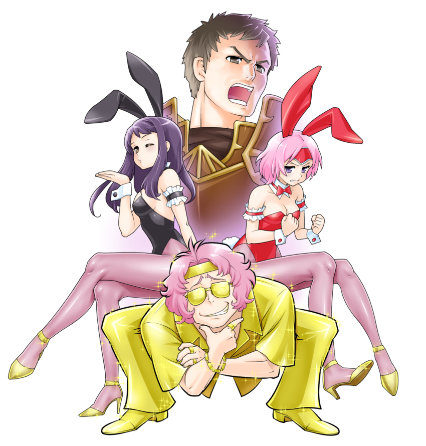 2boys 2girls alternate_costume animal_ears astrid_(fire_emblem) black_hair black_leotard bow bowtie fire_emblem fire_emblem:_radiant_dawn highres kieran_(fire_emblem) leotard long_hair makalov_(fire_emblem) marcia_(fire_emblem) multiple_boys multiple_girls nintendo pink_hair playboy_bunny rabbit_ears red_bow red_bowtie red_leotard sunglasses tinted_eyewear tuqi_pix yellow-tinted_eyewear
