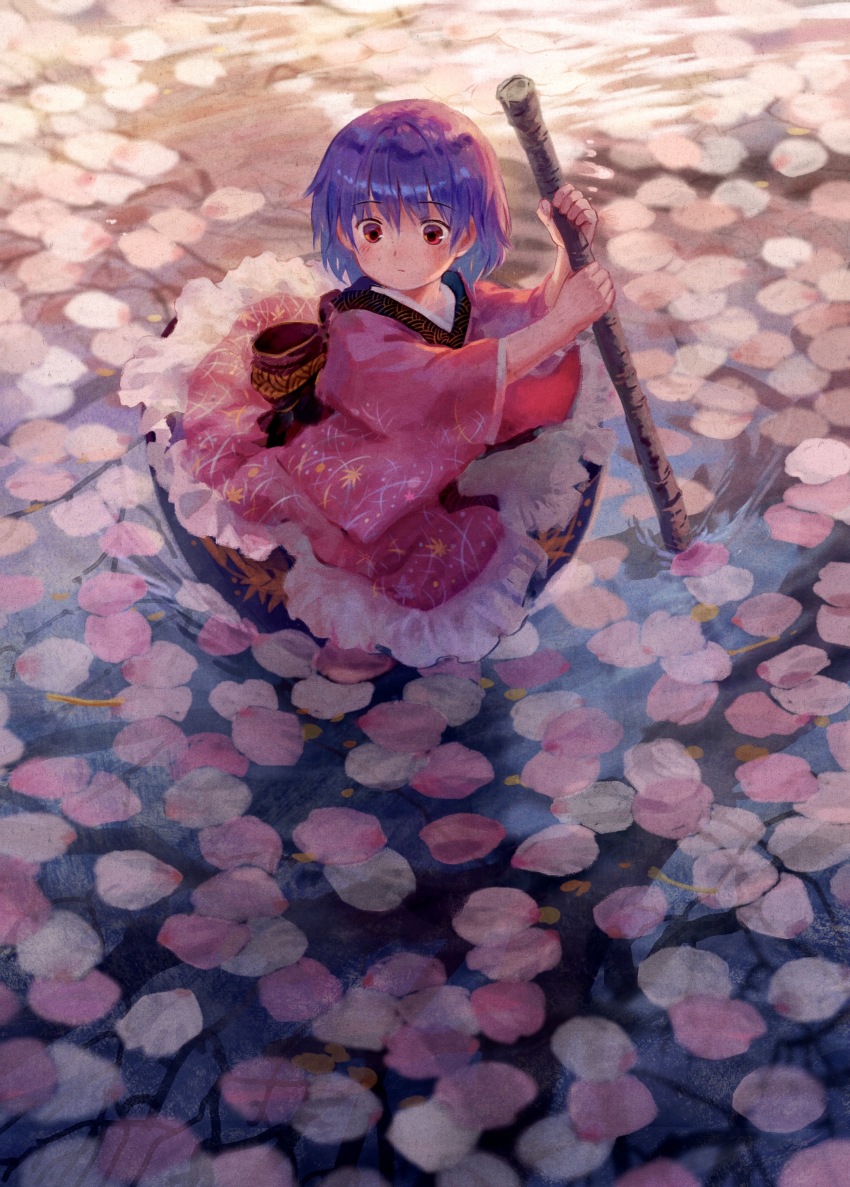 1girl absurdres branch cherry_blossoms closed_mouth commentary_request frilled_kimono frills highres holding holding_branch in_bowl in_container japanese_clothes kimono light_blush long_sleeves mini_person minigirl no_headwear obi paddling petals petals_on_liquid pink_petals red_eyes sash satellitedragon short_hair solo sukuna_shinmyoumaru touhou wide_sleeves