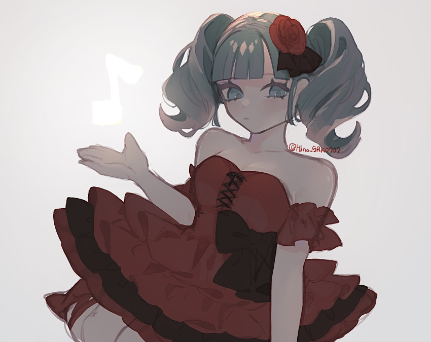 1girl aqua_eyes aqua_hair arm_cuffs bare_shoulders black_dress black_ribbon blunt_bangs collarbone cross-laced_clothes cross-laced_dress dress flower frilled_cuffs gaikotsu_gakudan_to_riria_(vocaloid) hair_flower hair_ornament hair_ribbon hand_up hatsune_miku high_heels highres hina_(uhnt4478) medium_hair musical_note parted_lips red_dress red_flower red_rose red_shoes ribbon rose shoes simple_background solo strapless strapless_dress twitter_username two-tone_dress white_background