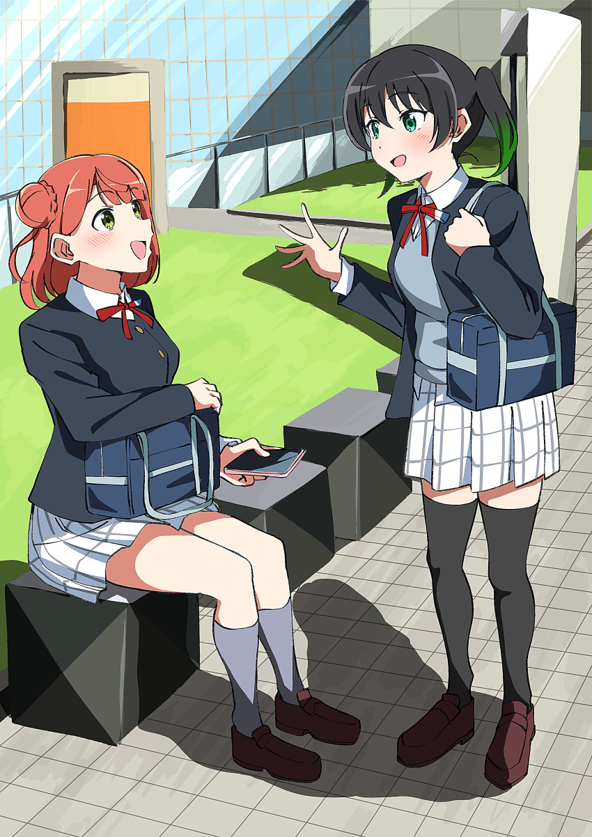 2girls :d absurdres bag black_hair black_jacket black_thighhighs blue_bag blunt_bangs breasts brown_shoes bun_with_braided_base collared_shirt commentary dress_shirt eye_contact gradient_hair grass green_eyes green_hair grey_socks grey_sweater hair_between_eyes hair_bun highres in-universe_location jacket loafers long_sleeves looking_at_another love_live! love_live!_nijigasaki_high_school_idol_club medium_breasts medium_hair miniskirt multicolored_hair multiple_girls neck_ribbon nijigasaki_school_uniform open_clothes open_hand open_jacket open_mouth orange_hair outdoors plaid_clothes plaid_skirt pleated_skirt red_ribbon ribbon rooftop school_bag school_uniform shirt shoes shoulder_bag single_side_bun sitting skirt smile socks standing sweater takasaki_yu thighhighs twintails uchuu_no_mozuku uehara_ayumu waving white_background white_shirt white_skirt winter_uniform zettai_ryouiki