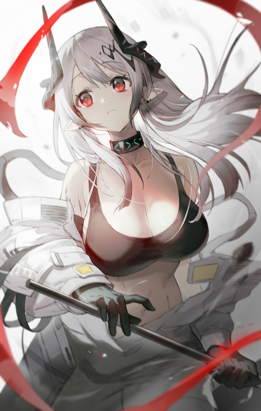 1girl absurdres arknights black_bra black_gloves blurry bra breasts chest_sarashi cleavage closed_mouth coat commentary cowboy_shot demon_horns depth_of_field ear_piercing elite_ii_(arknights) expressionless floating_hair gloves grey_hair hair_ornament highres holding holding_weapon horns infection_monitor_(arknights) large_breasts long_hair looking_to_the_side material_growth mudrock_(arknights) mudrock_(elite_ii)_(arknights) navel open_clothes open_coat oripathy_lesion_(arknights) piercing pointy_ears red_eyes red_ribbon ribbon sarashi simple_background solo soyoong_jun sports_bra standing stomach underwear weapon white_background white_coat