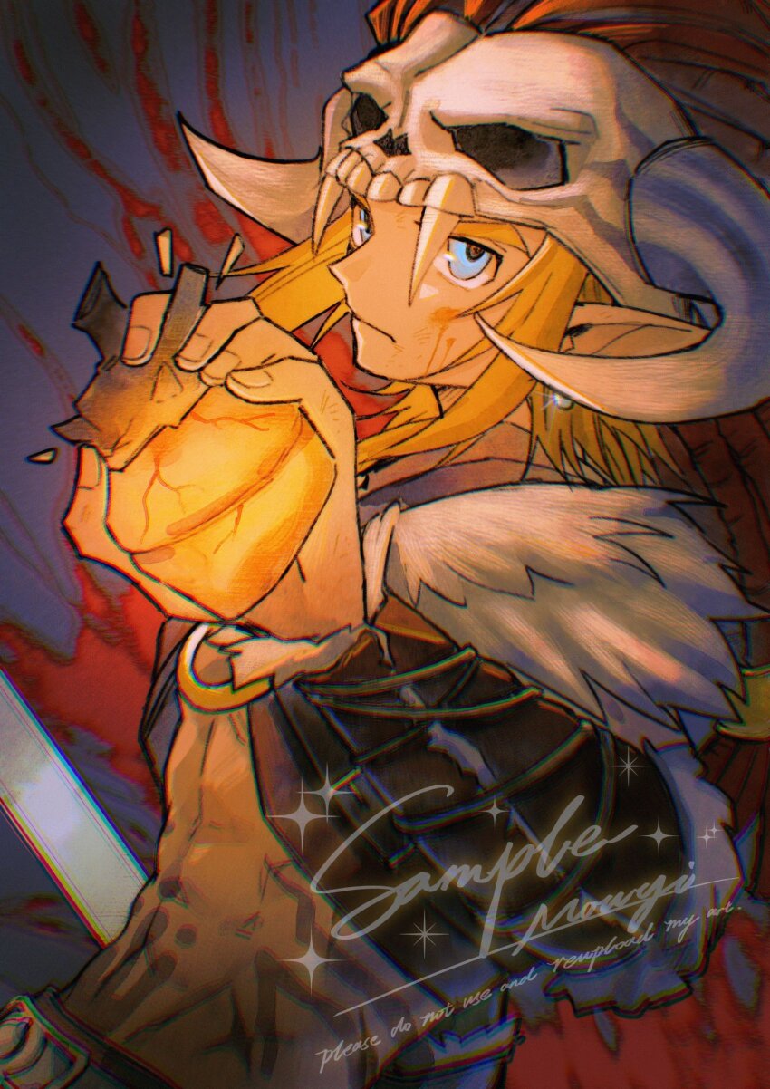 1boy abs artist_name blonde_hair blood blood_on_face blue_eyes body_markings closed_mouth earrings fur_trim highres jewelry link male_focus medium_hair midriff mouyi nintendo pointy_ears sample_watermark skull_on_head solo sparkle the_legend_of_zelda the_legend_of_zelda:_tears_of_the_kingdom upper_body watermark