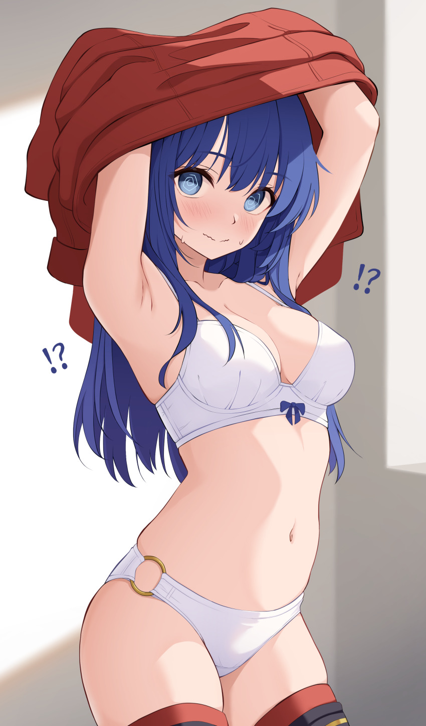 !? 1girl @_@ absurdres armpits arms_up blue_bow blue_eyes blue_hair blush bow bow_bra bra breasts caeda_(fire_emblem) cleavage closed_mouth commentary_request cowboy_shot crotch_seam embarrassed fire_emblem fire_emblem:_mystery_of_the_emblem fire_emblem:_shadow_dragon_and_the_blade_of_light highres looking_at_viewer medium_breasts navel nervous_smile nintendo o-ring o-ring_bottom o-ring_panties panties red_shirt shijima_(shijima_tc) shirt skindentation smile solo thighhighs underwear undressing white_bra white_panties