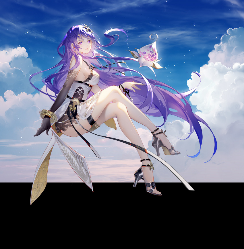1girl bare_shoulders black_footwear black_gloves black_ribbon blue_sky bracelet breasts cloud commentary crossed_legs dress elbow_gloves fantasy floating_hair flower from_side full_body gloves hair_flower hair_ornament high_heels highres invisible_chair jewelry light_particles long_hair looking_at_viewer medium_breasts mo_qingxian official_art parted_lips purple_eyes purple_hair ribbon short_dress sideboob single_glove sitting sky sleeveless sleeveless_dress solo thigh_strap tidsean very_long_hair vocaloid vsinger_(vocaloid) white_dress white_flower wrist_ribbon