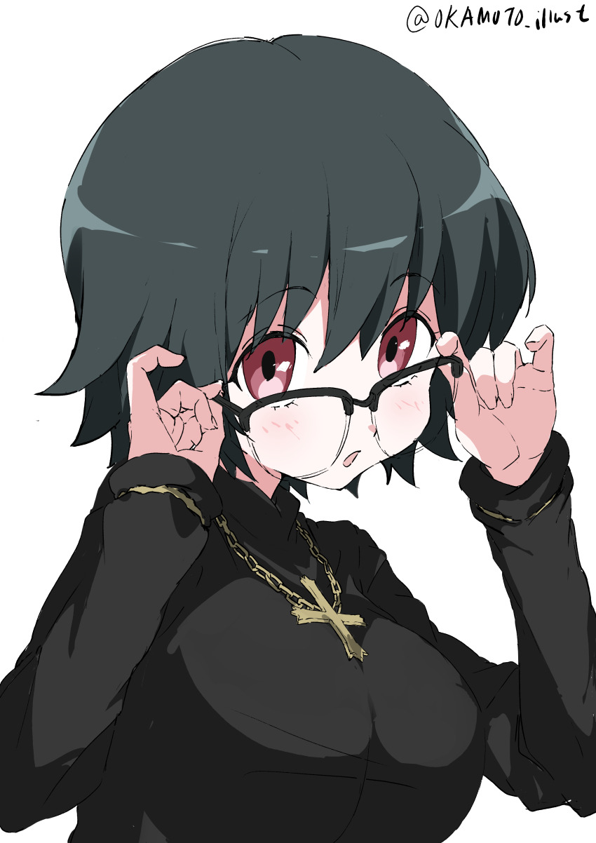 1girl :o absurdres adjusting_eyewear black-framed_eyewear black_hair black_sweater blush breasts eyelashes glasses hair_between_eyes highres hunter_x_hunter inverted_cross_necklace jewelry looking_at_viewer necklace over-rim_eyewear red_eyes semi-rimless_eyewear shizuku_murasaki short_hair simple_background solo sweater swept_bangs turtleneck turtleneck_sweater upper_body white_background white_gorilla_(okamoto)