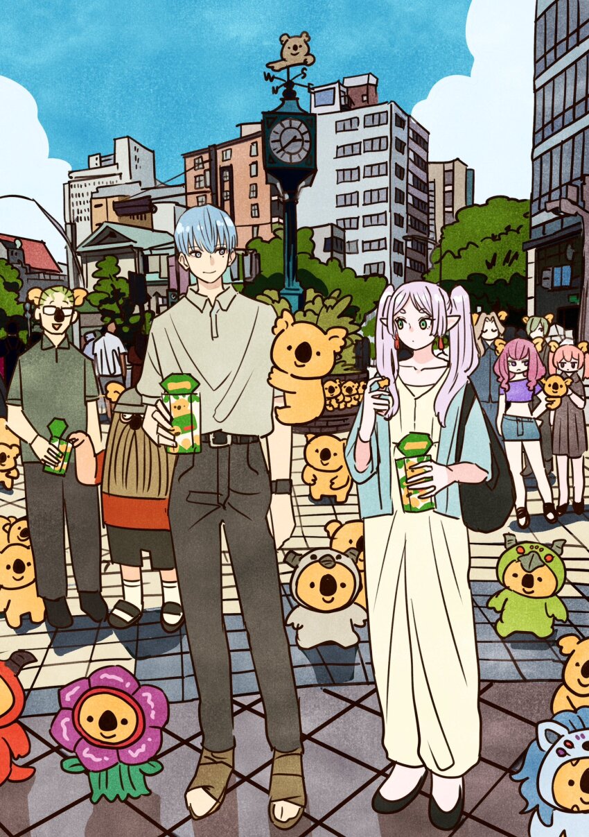 3girls 5boys aura_(sousou_no_frieren) bag beard black_dress blue_cardigan blue_hair blue_sky cardigan closed_eyes cloud commentary_request draht_(sousou_no_frieren) dress earrings eisen_(sousou_no_frieren) facial_hair frieren full_body glasses green_hair hair_over_one_eye hand_on_own_hip heiter highres himmel_(sousou_no_frieren) holding jewelry koala linie_(sousou_no_frieren) long_beard lugner_(sousou_no_frieren) multiple_boys multiple_girls outdoors pink_hair purple_hair sandals short_hair shorts sidelocks sky smile sousou_no_frieren takeuchi_ryousuke twintails watch white_hair wristwatch