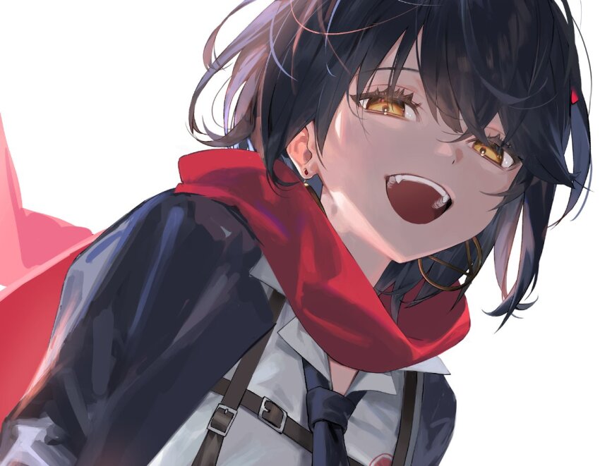 1boy androgynous black_hair black_jacket black_necktie chest_strap crossed_bangs dress_shirt earrings fangs hair_between_eyes jacket jewelry looking_at_viewer looking_down male_focus mashiro_meme mashiro_meme_(1st_costume) naoko_(naonocoto) necktie nijisanji open_mouth orange_eyes red_scarf scarf shirt simple_background solo teeth upper_teeth_only virtual_youtuber white_background white_shirt