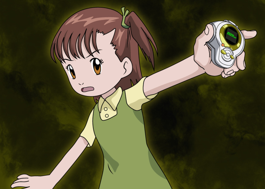 1girl biomerge brown_hair determined digimon digimon_tamers digivice dress dubidu123 green_dress highres katou_juri looking_at_viewer matrix_evolution medium_hair open_mouth orange_eyes scrunchie shirt solo yellow_shirt