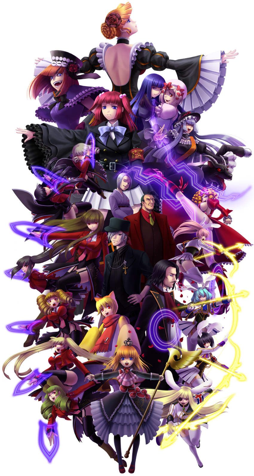 00s 07th_expansion 4boys 6+girls absurdres amakusa_juuza animal_ears asmodeus_(umineko) bad_id bad_pixiv_id beatrice_(umineko) beelzebub_(umineko) belphegor_(umineko) black_eyes black_hair blonde_hair blood blue_eyes blue_hair bow breasts chiester00 chiester410 chiester45 chiester556 chiester_sisters choker crown dress drill_hair eva_beatrice formal_clothes frederica_bernkastel frills gaap_(umineko) green_hair hair_bobbles hair_bun hair_ornament hat highres jacket lambdadelta large_breasts leviathan_(umineko) long_hair lucifer_(umineko) mammon_(umineko) maria_(umineko) medium_breasts mini_hat mini_top_hat moco+ monocle multiple_boys multiple_girls necktie no_naku_koro_ni_(series) okonogi_tetsurou orange_hair pink_hair pink_necktie red_eyes red_hair ronove_(umineko) satan_(umineko) scarf short_hair showgirl_skirt side_ponytail sideboob silver_hair single_hair_bun skirt stakes_of_purgatory suit sumadera_kasumi thighhighs top_hat twintails umineko_no_naku_koro_ni ushiromiya_ange very_long_hair virgilia_(umineko)