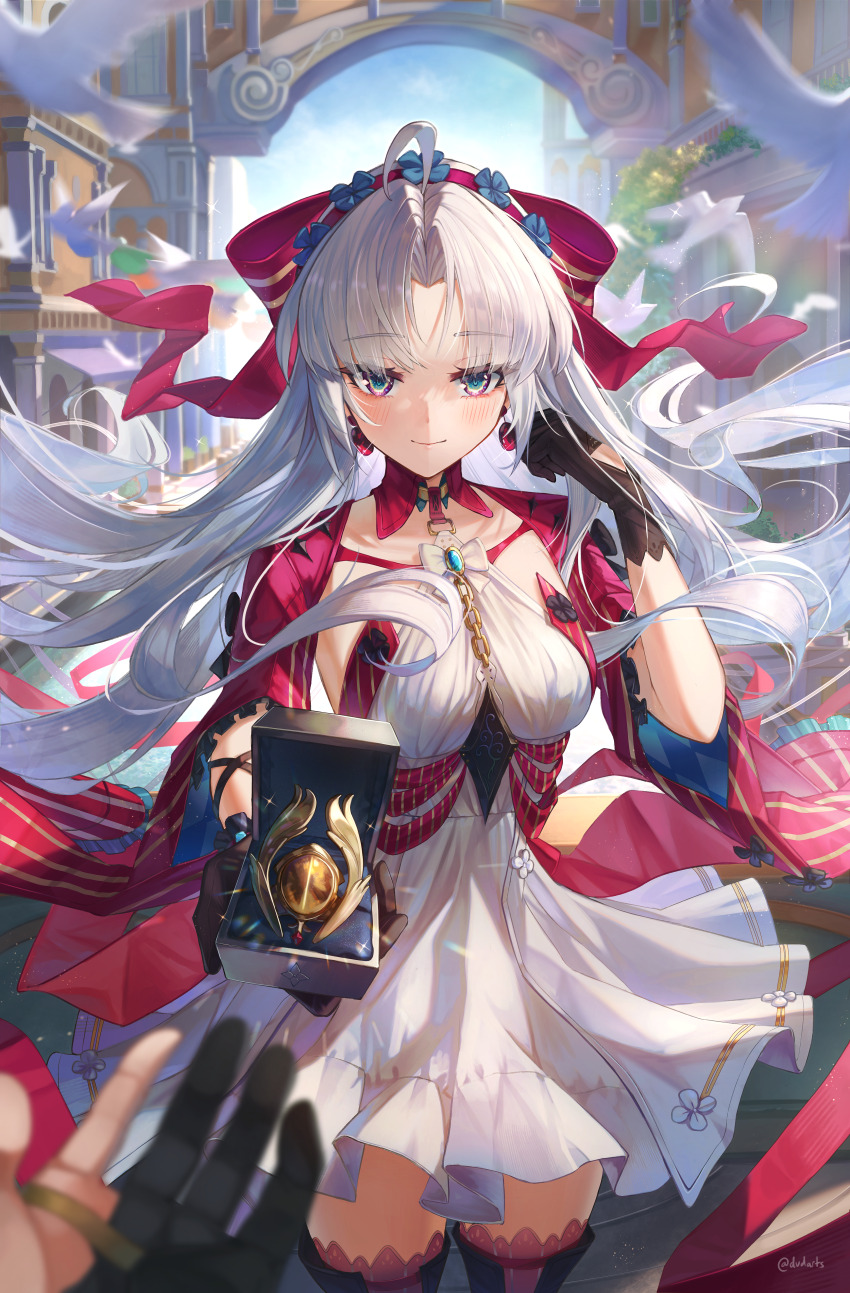 2girls absurdres ahoge aqua_eyes black_gloves blue_sky bow breasts carlotta_(wuthering_waves) closed_mouth commentary day dress dvdarts earrings female_rover_(wuthering_waves) gloves hair_bow hand_up highres jacket jewelry long_hair looking_at_viewer medium_breasts multiple_girls outdoors parted_bangs partially_fingerless_gloves pink_bow pink_jacket pov pov_hands rover_(wuthering_waves) short_dress sky smile solo_focus striped_bow thighs very_long_hair white_dress white_hair wuthering_waves