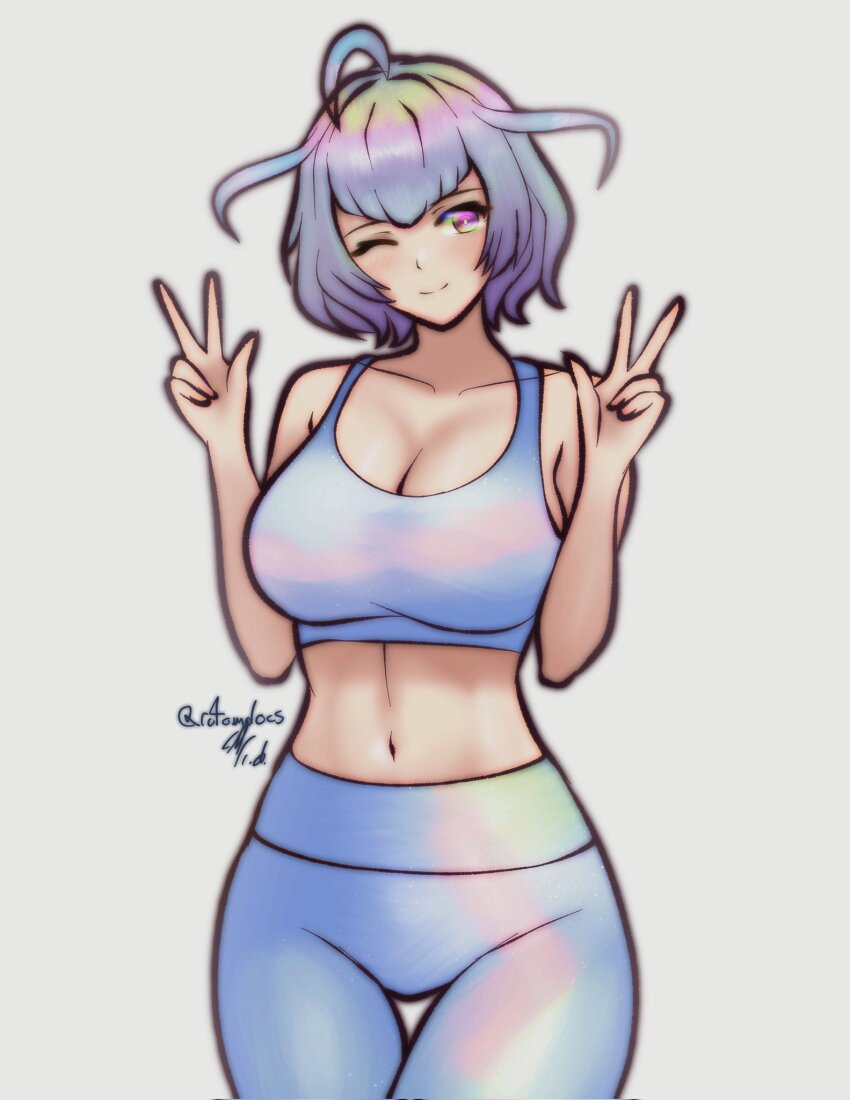1girl ;) ahoge bob_cut breasts cleavage double_v fire_emblem fire_emblem_heroes highres large_breasts looking_at_viewer multicolored_hair navel nintendo one_eye_closed pants rotomdocs seidr_(fire_emblem) short_hair sideboob smile sports_bra v white_pants white_sports_bra yoga_pants