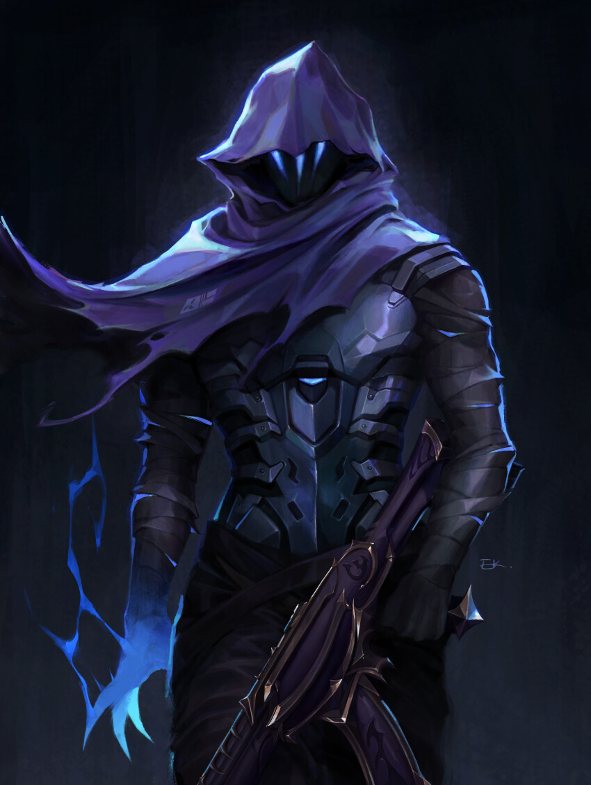 1boy absurdres armor assault_rifle bandaged_arm bandaged_hand bandages black_background black_pants covered_face cowboy_shot glowing glowing_hand gun highres holding holding_gun holding_weapon hood hood_up kgynh looking_ahead male_focus mask omen_(valorant) pants rifle science_fiction simple_background solo standing valorant weapon