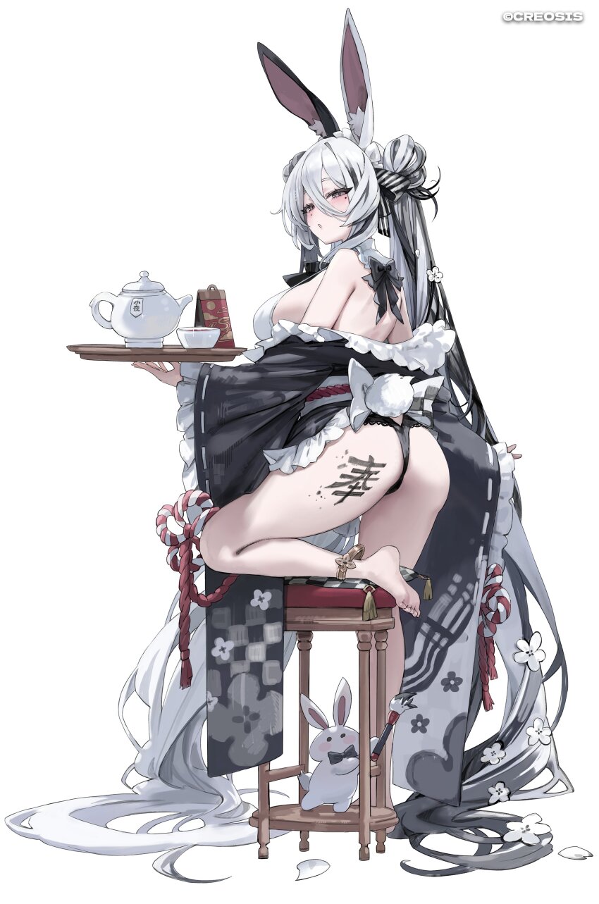 1girl absurdly_long_hair absurdres animal_ear_fluff animal_ears ass bare_shoulders barefoot black_hair black_kimono black_panties blush commentary figure_available floral_print floral_print_kimono freng frilled_kimono frilled_sleeves frills from_behind full_body grey_eyes hair_between_eyes highres holding holding_tray japanese_clothes kimono long_hair long_hair_between_eyes looking_at_viewer merchandise_available mole mole_under_eye multicolored_hair narrowed_eyes open_mouth original panties print_kimono rabbit_ears rabbit_girl rabbit_tail simple_background solo streaked_hair symbol-only_commentary tail teapot thighs tray underwear very_long_hair white_background wide_sleeves