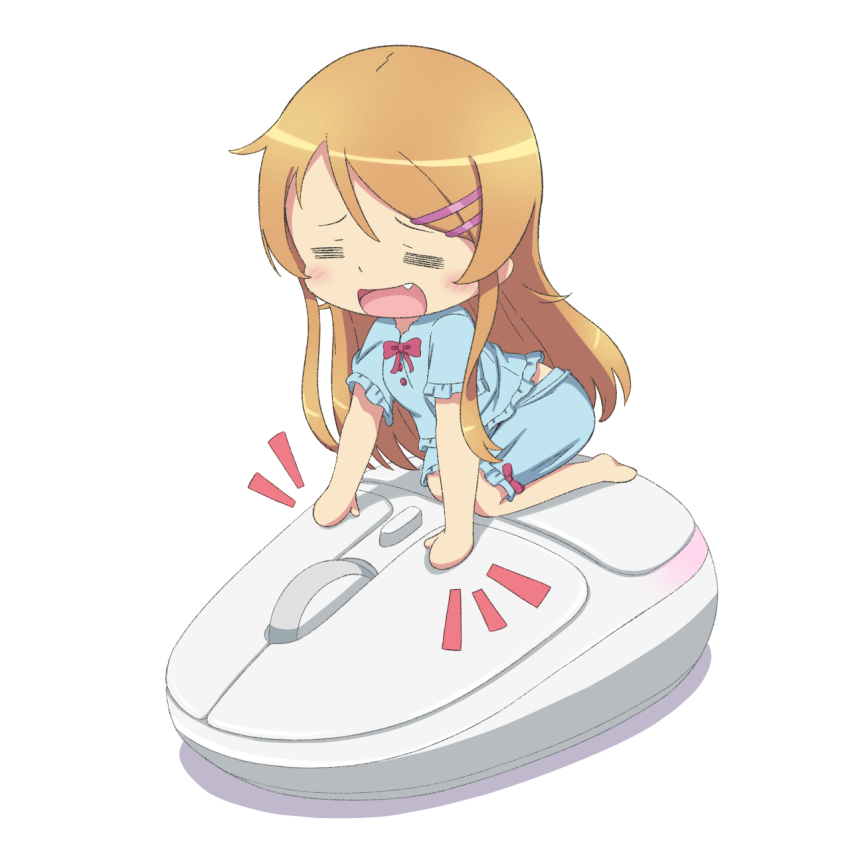 1girl =_= barefoot blue_pajamas chibi chibi_only computer_mouse fang full_body hair_ornament hairclip highres kousaka_kirino light_blush long_hair open_mouth orange_hair ore_no_imouto_ga_konna_ni_kawaii_wake_ga_nai pajamas scarletsky simple_background solo white_background