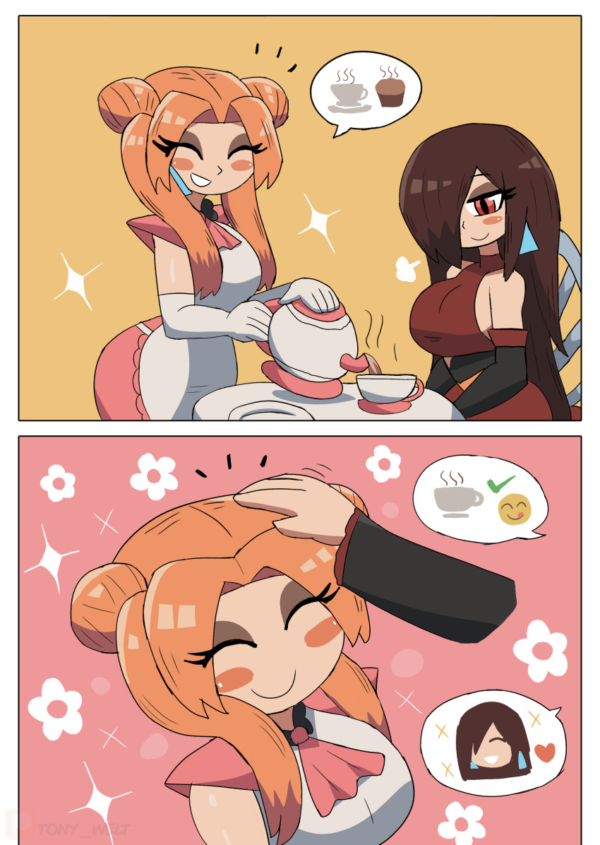 2girls absurdres android apron ascot black_gloves blush breasts brown_hair chair closed_eyes comic cup double_bun dress drink earrings flower gloves grin hair_bun hair_over_one_eye headpat heart highres jewelry lara_(tony_welt) large_breasts looking_down maid mariam_(tony_welt) multiple_girls orange_background orange_hair original petting pink_ascot pink_background pink_dress plate pouring red_dress red_eyes robot sidelocks sitting sleeveless sleeveless_dress smile sparkle speech_bubble spoken_character spoken_food spoken_heart spoken_sparkle standing steam table tea teacup teapot teeth tony_welt waitress white_apron white_gloves wide_hips