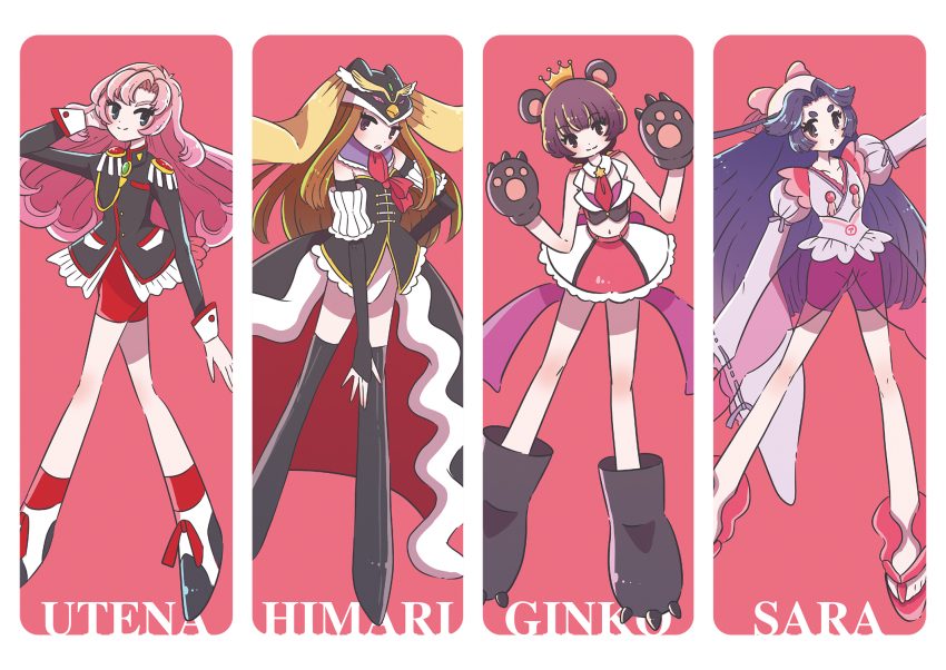4girls animal_ears animal_hands azuma_sara bear_ears bike_shorts black_footwear black_gloves brown_hair character_name color_connection creator_connection crown detached_sleeves epaulettes fingerless_gloves gloves hat highres long_hair mawaru_penguindrum mini_crown multiple_girls paw_gloves paw_shoes pink_background pink_hair purple_hair red_neckwear red_shorts sarazanmai see-through_clothes shorts shoujo_kakumei_utena simple_background takakura_himari tenjou_utena yuri_kuma_arashi yurishiro_ginko
