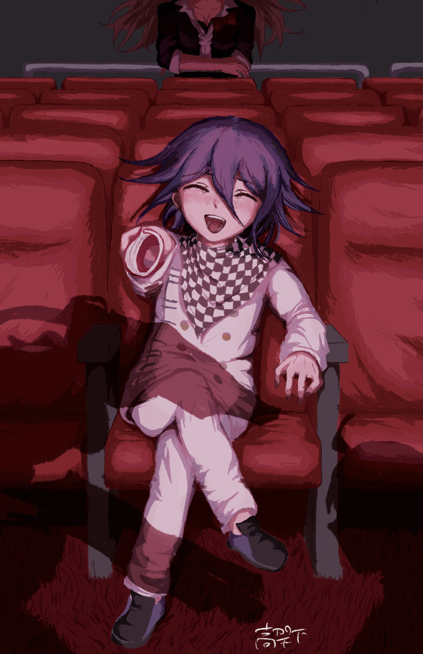 1boy 1girl blush bow breasts buttons checkered_clothes checkered_scarf cleavage closed_eyes commentary_request crossed_arms crossed_legs danganronpa:_trigger_happy_havoc danganronpa_(series) danganronpa_v3:_killing_harmony enoshima_junko exisal flipped_hair hair_between_eyes happy highres koka-ka_metoro long_hair long_sleeves looking_at_viewer male_focus medium_hair movie_theater multicolored_buttons oma_kokichi on_chair open_mouth pants purple_hair red_theme saihara_shuichi scarf shadow shirt shirt_bow sitting sleeves_rolled_up smile solo_focus twintails two-tone_scarf