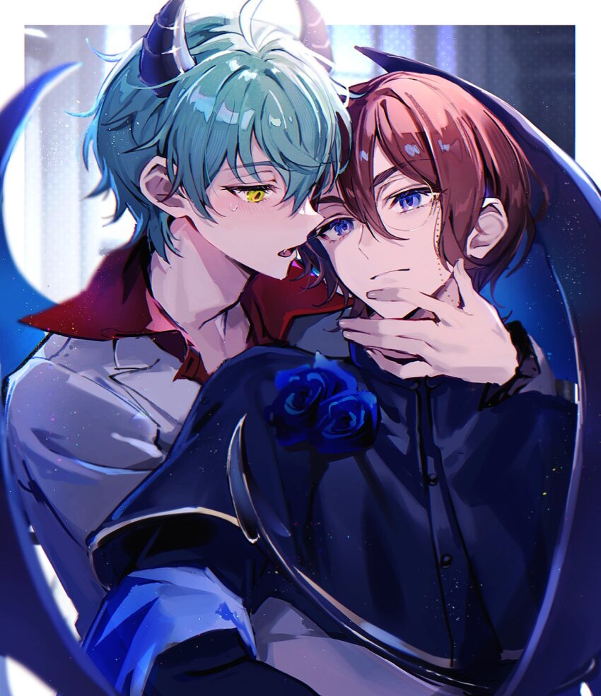 2boys black_capelet blue_eyes blue_flower blue_hair blue_rose border brown_hair capelet closed_mouth commentary_request demon_boy demon_horns demon_wings fangs flower grey_jacket hair_between_eyes hand_on_another&#039;s_chin highres horns hug jacket king_of_prism long_sleeves looking_at_another male_focus multiple_boys norizuki_jin open_mouth outside_border pretty_rhythm pretty_series rose short_hair sweatdrop takadanobaba_jouji tawan_(46okuneeen) upper_body white_border wings yaoi yellow_eyes