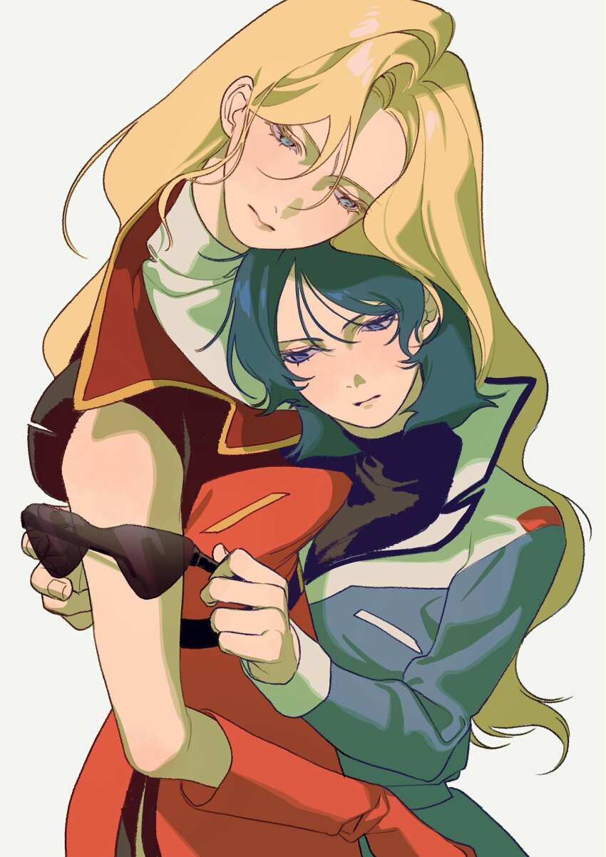 2girls aeug aqua_hair blonde_hair blue_eyes blue_hair blue_jacket commentary_request cowboy_shot genderswap genderswap_(mtf) gloves gundam half-closed_eyes highres holding holding_removed_eyewear hug jacket kamille_bidan kena131 long_hair long_sleeves multiple_girls quattro_bajeena red_gloves red_jacket sad shirt sleeveless sleeveless_jacket sleeveless_shirt sunglasses unworn_eyewear zeta_gundam