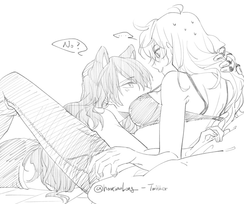 ... 2girls between_breasts blake_belladonna blush bra breasts cat commentary_request english_text eye_contact face_between_breasts greyscale hand_in_own_hair head_between_breasts highres korean_commentary large_breasts long_hair looking_at_another mechanical_hands monochrome multiple_girls pants parted_lips rwby sflake_song single_mechanical_hand speech_bubble spoken_ellipsis sweat twitter_username underwear yang_xiao_long yuri