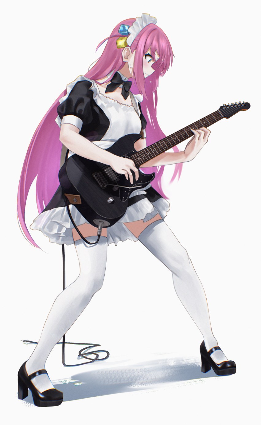 1girl absurdres andoplus apron black_bow black_bowtie black_dress black_shoes blue_eyes bocchi_the_rock! bow bowtie breasts cable cube_hair_ornament dress electric_guitar full_body gotoh_hitori guitar hair_ornament high_heels highres holding holding_guitar holding_instrument instrument long_hair maid maid_apron maid_headdress music pink_hair playing_instrument puffy_short_sleeves puffy_sleeves serious shoes short_sleeves simple_background solo sweat thighhighs white_background white_thighhighs yamaha_pacifica