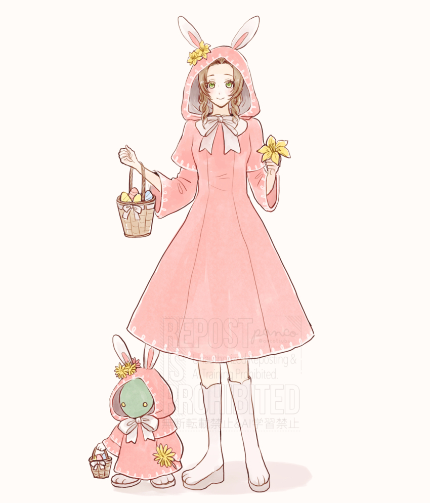 1girl 1other aerith_gainsborough alternate_costume ancotsubu animal_ears bag boots bow breasts brown_hair closed_mouth colored_skin cosplay creature easter_egg egg final_fantasy final_fantasy_vii final_fantasy_vii_ever_crisis flower full_body green_eyes green_skin hair_flower hair_ornament highres holding holding_bag hood hood_up hooded_dress lily_(flower) medium_breasts parted_bangs paw_shoes pink_hood rabbit_ears rabbit_girl sidelocks smile tonberry tonberry_(cosplay) white_background white_boots white_bow yellow_eyes yellow_flower
