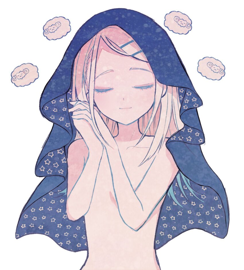 1girl blonde_hair closed_eyes collarbone commentary convenient_arm gakuen_idolmaster hair_ornament hairclip highres idolmaster light_smile long_hair nude own_hands_together sakiyu sheep shinosawa_hiro simple_background solo star_(symbol) upper_body veil white_background