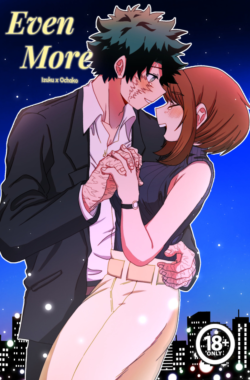 1boy 1girl black_jacket boku_no_hero_academia breasts brown_hair commentary cover cover_page english_commentary facial_scar green_eyes hetero highres holding_hands interlocked_fingers jacket large_breasts long_skirt midoriya_izuku mu_1_2 night night_sky open_mouth ribbed_shirt scar scar_on_cheek scar_on_face scar_on_hand shirt skirt sky sleeveless sleeveless_turtleneck smile tears turtleneck uraraka_ochako watch wristwatch yellow_skirt