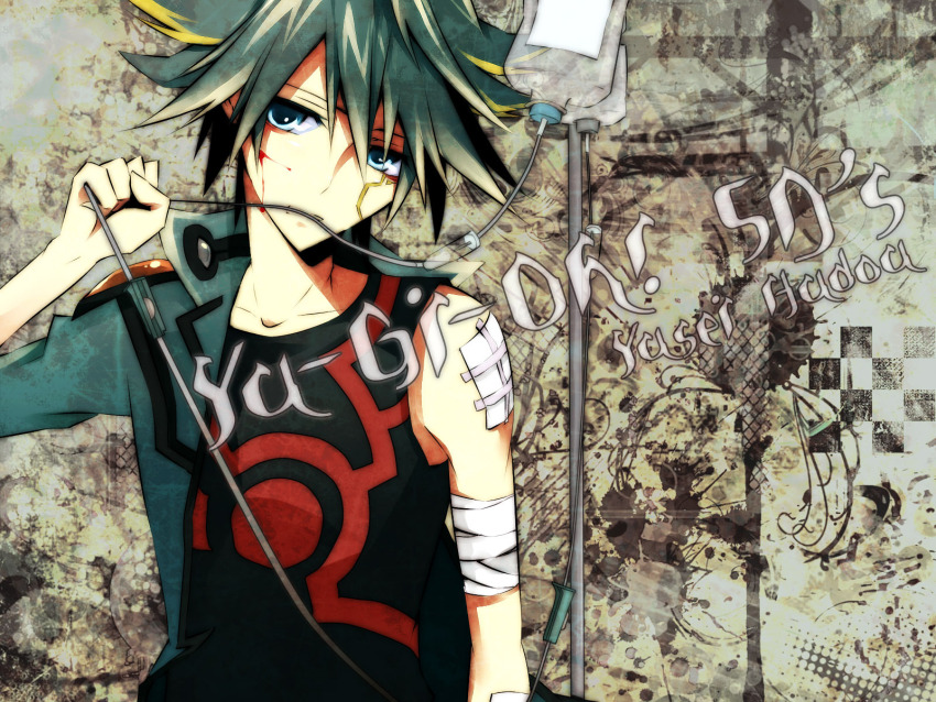 1boy arm_up artist_request bandaged_arm bandages black_hair black_shirt bleeding blood blood_on_face blue_eyes blue_jacket border brown_background cable cable_in_mouth cuts dappled_sunlight english_text facial_mark facing_viewer fudo_yusei highres holding holding_cable holding_tube injury intravenous_drip jacket looking_at_viewer male_focus open_clothes open_jacket ornate_border patch popped_collar shirt shoulder_patch sleeveless sleeveless_shirt spiked_hair sunlight tape yu-gi-oh! yu-gi-oh!_5d&#039;s