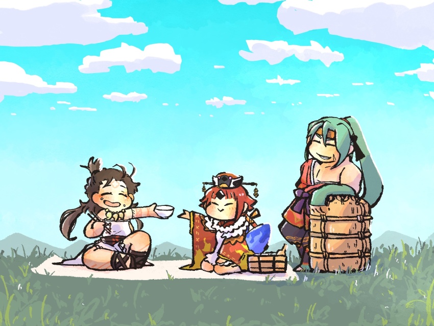 1boy 2girls :&gt; arm_rest beni-enma beni-enma_(first_ascension) black_hair blue_sky bowl chopsticks cloud day fate/grand_order fate_(series) food food_on_face grass green_hair headband highres himiko_(fate) himiko_(first_ascension)_(fate) japanese_clothes komedawara long_hair multiple_girls outdoors ponytail red_hair rice_bowl shamoji sitting sky smile tawara_touta_(fate) trait_connection umeyama_(ume22ke) wariza