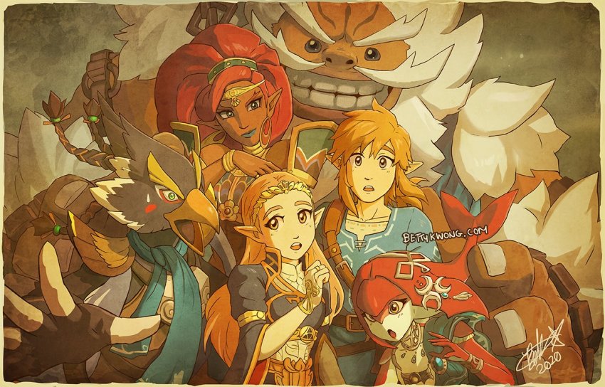 3boys 3girls beard belt bettykwong blonde_hair blue_dress blue_shirt braid circlet colored_skin dark-skinned_female dark_skin daruk dress earrings facial_hair fingerless_gloves fingernails gerudo gloves goron grin jewelry link long_hair mipha multiple_boys multiple_girls mustache necklace nintendo open_mouth pointy_ears princess_zelda red_hair red_skin revali rito scarf sepia shirt size_difference smile surprised the_legend_of_zelda the_legend_of_zelda:_breath_of_the_wild urbosa watermark web_address white_hair zora