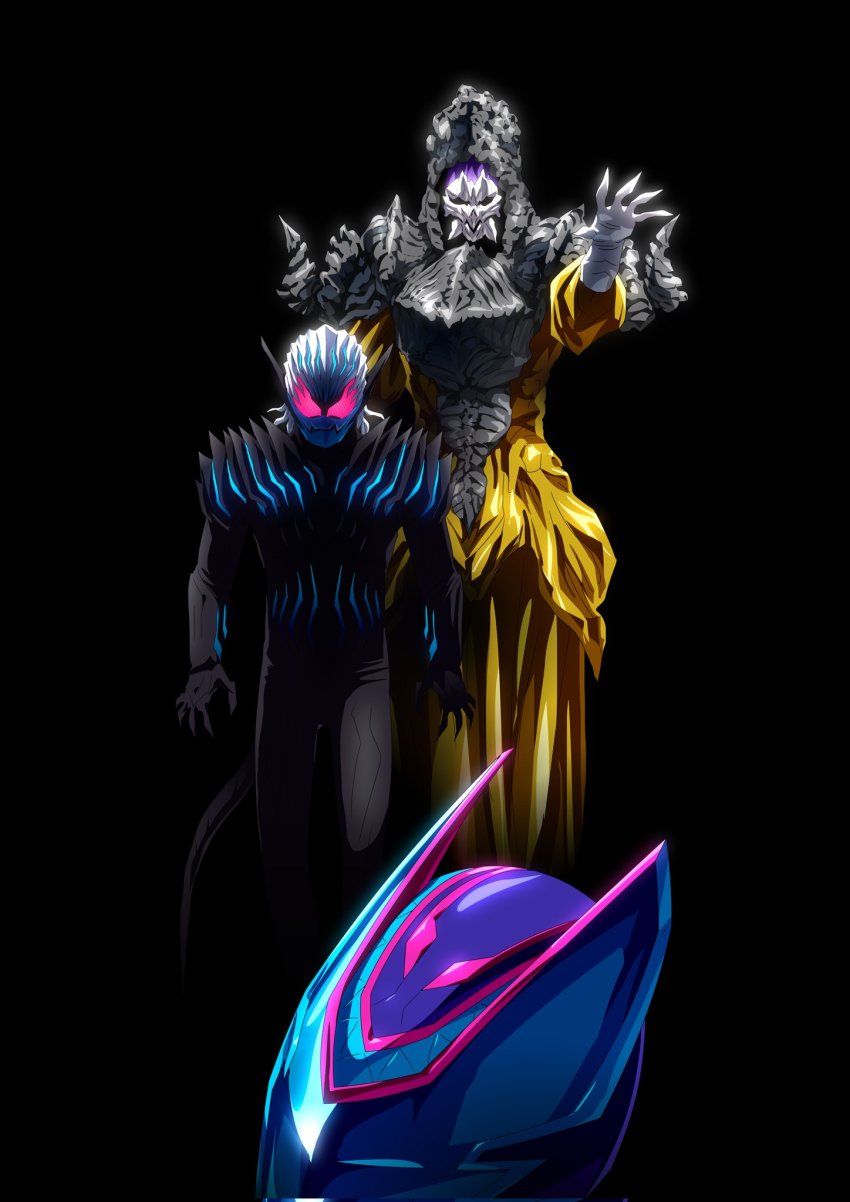 2boys alternate_eye_color armor black_background black_tail colored_skin corrupted_twitter_file demon demon_boy demon_tail giff_(kamen_rider_revice) glowing glowing_eyes helmet highres kamen_rider kamen_rider_revice long_coat male_focus mask mouth_mask multiple_boys otokamu pink_eyes pointy_ears possessed purple_hair skull spoilers tail vice_(kamen_rider_revice) white_hair white_skin