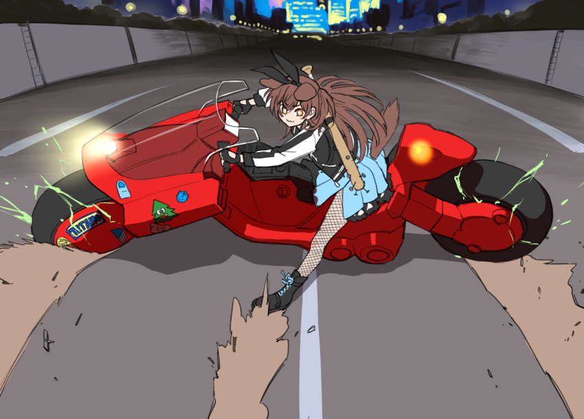 2girls :3 akira_(manga) akira_slide animal_ears baseball_bat black_boots blue_dress boots brown_eyes brown_hair clothing_cutout commentary_request dog_ears dog_girl dog_tail dress fake_animal_ears fingerless_gloves fishnet_pantyhose fishnets full_body gloves hololive inugami_korone kaneda_shoutarou&#039;s_bike long_hair motor_vehicle motorcycle multiple_girls nail nail_(hardware) nail_bat on_motorcycle pantyhose parody pleated_dress rabbit_ears road sabaku_chitai solo tail tail_through_clothes v-shaped_eyebrows virtual_youtuber