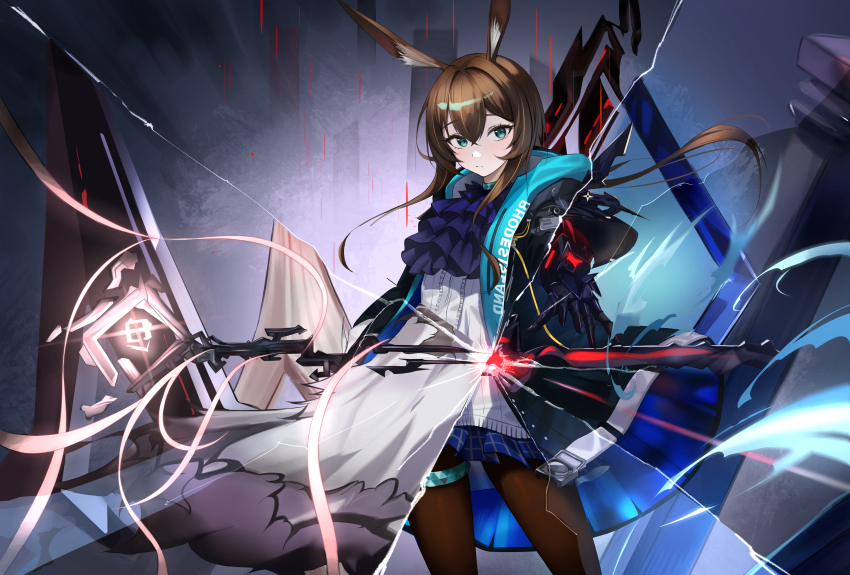 1girl absurdres amiya_(arknights) animal_ears aqua_eyes arknights ascot black_jacket blue_jacket brown_hair brown_pantyhose center_frills closed_mouth clothes_writing commentary_request cowboy_shot crossed_bangs frills hair_between_eyes highres jacket jewelry llenn_pt long_hair looking_at_viewer magic mirrored_text pantyhose purple_ascot shirt sidelocks solo standing thighlet two-sided_fabric two-sided_jacket white_shirt