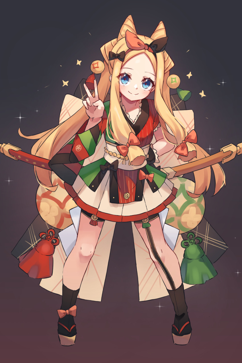1girl abigail_williams_(fate) black_bow blonde_hair blue_eyes blush bow breasts cosplay fate/grand_order fate_(series) forehead full_body hair_bow hair_ornament hair_ribbon highres izumo_no_okuni_(fate) izumo_no_okuni_(fate)_(cosplay) izumo_no_okuni_(third_ascension)_(fate) japanese_clothes kimono long_hair long_sleeves looking_at_viewer miya_(miyaruta) orange_bow parted_bangs ribbon small_breasts smile solo wide_sleeves