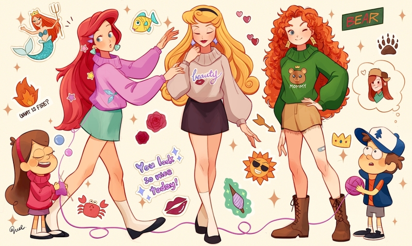1boy 4girls ;) ariel_(disney) arrow_(projectile) aurora_(disney) baseball_cap black_eyes blonde_hair boots brave_(pixar) brown_footwear brown_hair closed_eyes clothes_writing company_connection crab cross-laced_footwear crown dipper_pines disney earrings english_text fire fish gravity_falls green_eyes hand_on_own_hip hat heart highres jewelry knitting knitting_needle mabel_pines melchencanto merida_(brave) multiple_girls needle one_eye_closed paw_print pixar red_hair shorts skirt sleeping_beauty_(disney) smile sparkle speech_bubble sun sweater the_little_mermaid_(disney) thought_bubble turtleneck turtleneck_sweater vest wendy_corduroy yarn yarn_ball