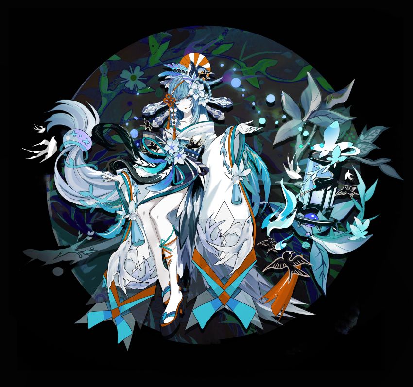 1girl absurdres aoandon aqua_butterfly bare_shoulders black_background blue_eyes bug butterfly floating_hair flower grey_hair hair_flower hair_ornament hand_up highres insect leaf long_hair long_sleeves looking_at_viewer low-tied_long_hair onmyoji plant shan_gui_yu_yao solo tassel very_long_hair white_butterfly wide_shot wide_sleeves