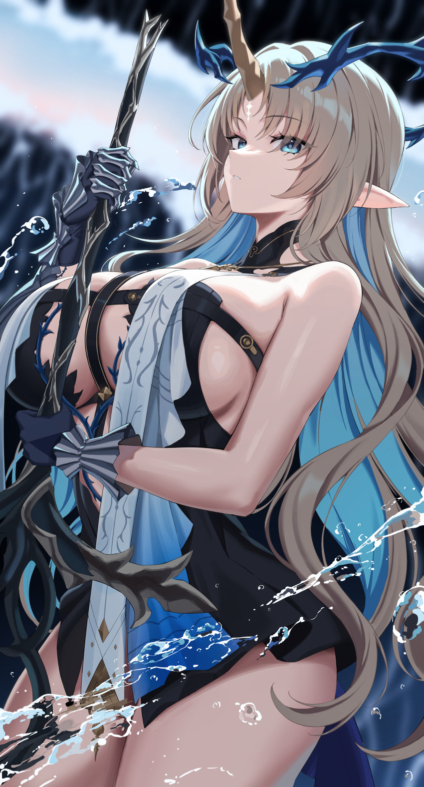 1girl absurdres bare_shoulders black_collar black_dress blonde_hair blue_eyes blue_hair breast_curtains breasts collar colored_inner_hair commentary cowboy_shot crown_of_thorns dress fleurdelys_(wuthering_waves) highres holding holding_sword holding_weapon horns huge_breasts jewelry kook long_hair looking_at_viewer multicolored_hair necklace parted_lips pointy_ears sidelocks single_horn solo sword tacet_mark_(wuthering_waves) thighs very_long_hair water weapon wuthering_waves yellow_horns