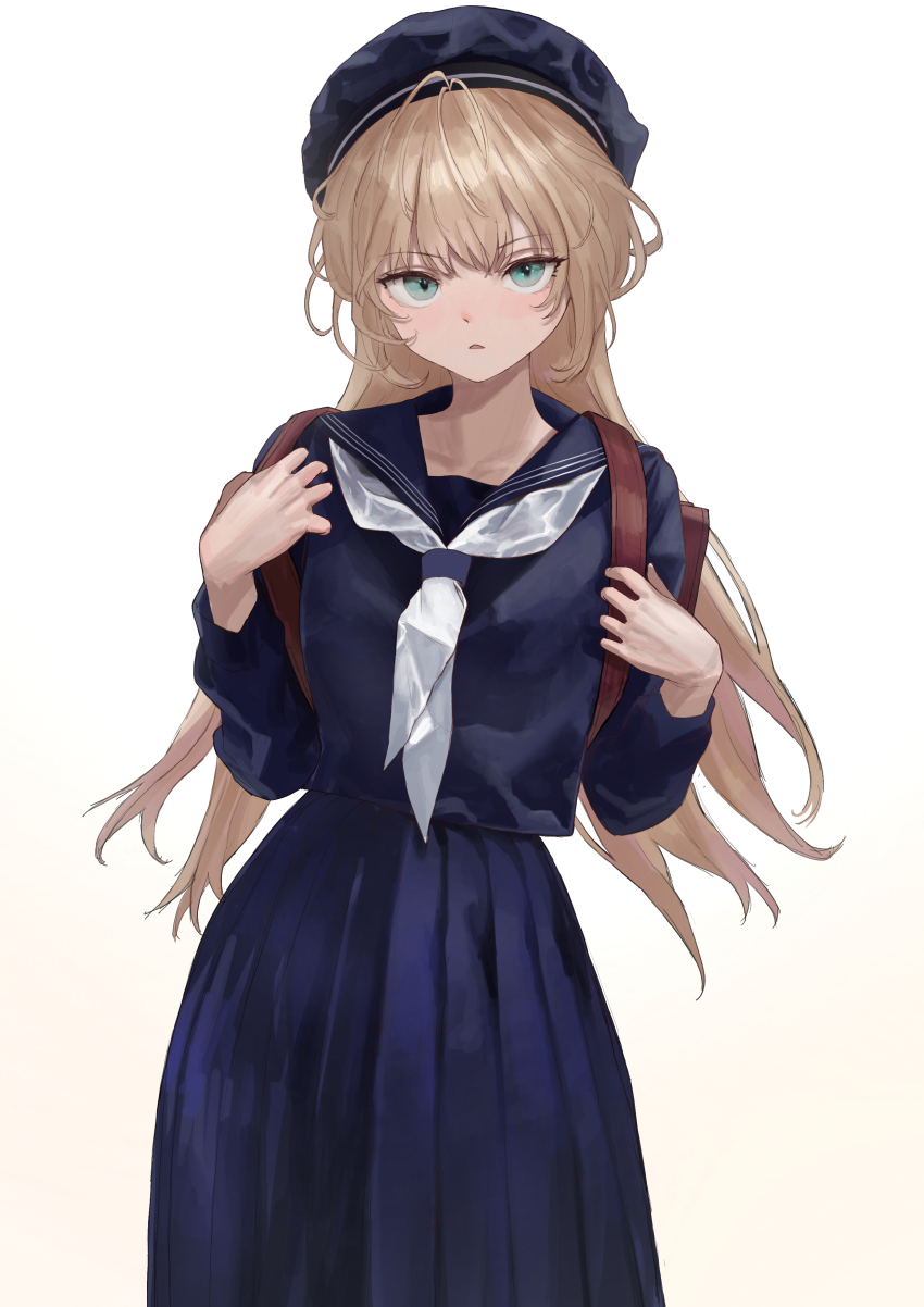 1girl absurdres backpack bag beret black_hat blue_sailor_collar blue_serafuku blue_shirt blue_skirt brown_background brown_hair commentary_request gradient_background green_eyes hands_up hat highres long_hair long_sleeves looking_at_viewer neckerchief original parted_lips pleated_skirt sailor_collar sawatani_(_swt2) school_uniform serafuku shirt skirt solo very_long_hair white_background white_neckerchief