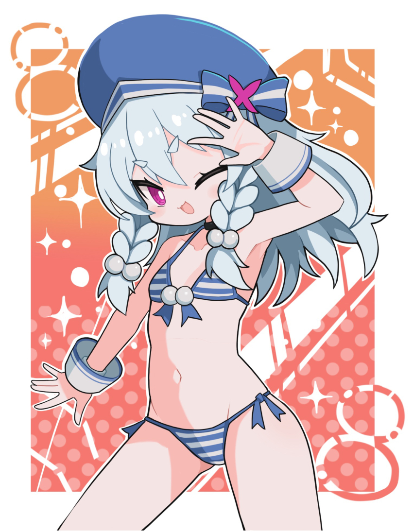 1girl ao_(beach)_(disgaea) ao_(disgaea) bikini blue_hair blue_hat braid bright_pupils choker collarbone cowboy_shot demon_girl disgaea disgaea_rpg fang flat_chest groin hair_ornament hat highres ice light_blue_hair long_hair looking_at_viewer makai_senki_disgaea_7 navel official_alternate_costume official_art one_eye_closed open_mouth outstretched_arms photoshop_(medium) pink_eyes smile solo spread_arms striped_bikini striped_clothes suaman swimsuit transparent_background twin_braids wrist_cuffs
