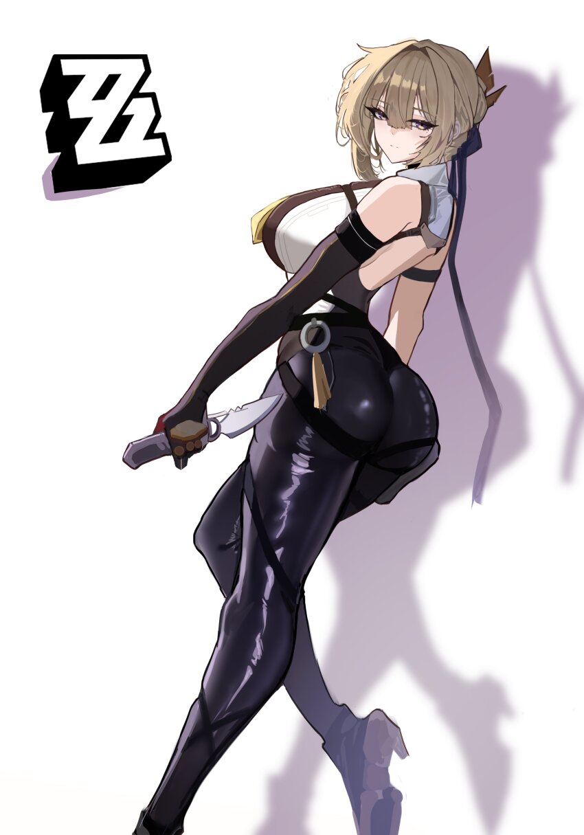 1girl absurdres arm_strap ass black_pants blonde_hair chest_harness copyright_logo evelyn_chevalier hair_up harness high-waist_pants highres k.dogo latex_pants necktie pants purple_eyes solo tight_clothes tight_pants white_background yellow_necktie zenless_zone_zero