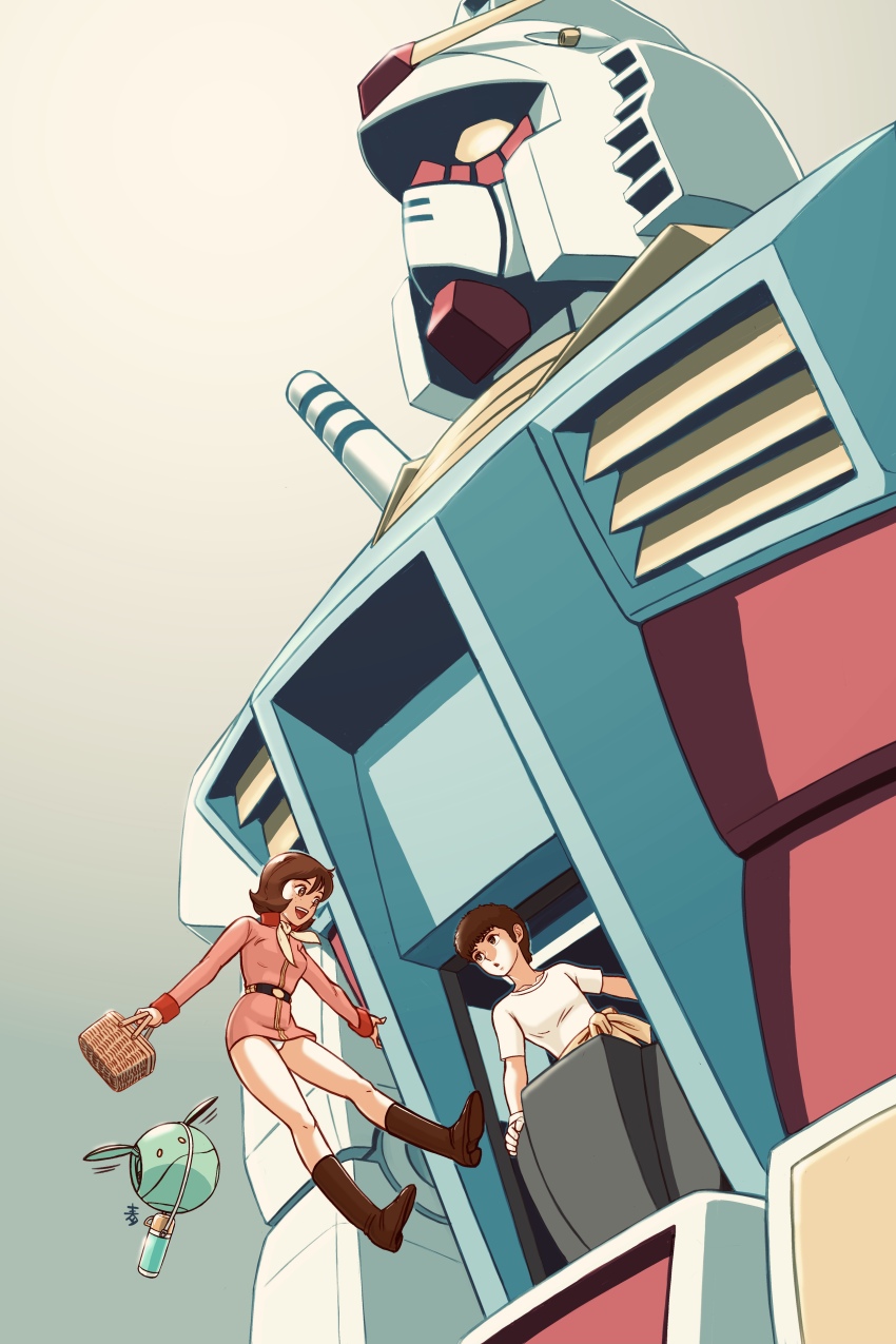 1boy 1girl absurdres amuro_ray aobito_sukoyaka_bystander boots brown_eyes brown_hair fraw_bow freckles gundam haro highres mecha military_uniform mobile_suit_gundam panties pantyshot robot rx-78-2_gundam shirt underwear white_panties white_shirt zero_gravity